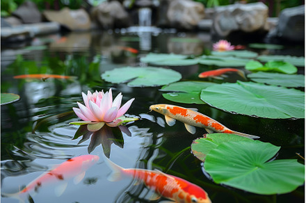 Serene koi pond with blooming lotus, a Nature Photo by Ylivdesign