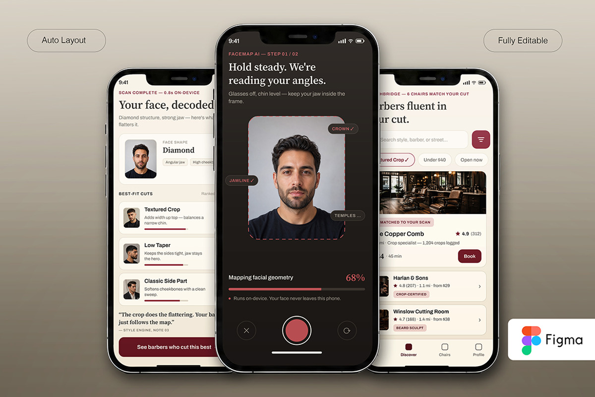 AI Barber Booking & Style Advisor, an UI Kit Template by Pitchlook.Studio (Photo 2 of 4)