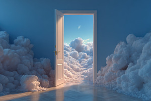 Open door to a cloudy sky cloudscape, a Photo by Pixeness Studio