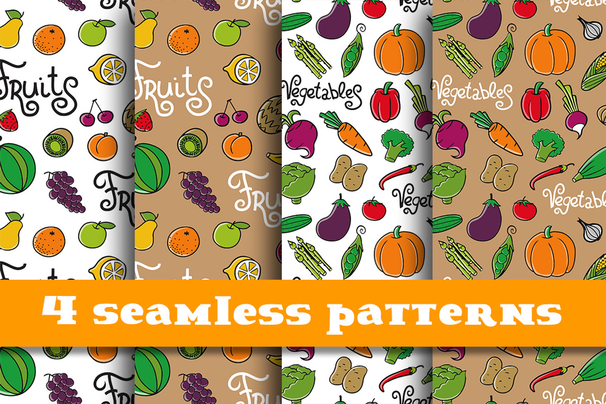4  patterns with vegetables & fruits, a Pattern Graphic by Nata Savina Art (Photo 1 of 3)