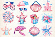 Summer Pink & Blue Coastal Clipart, an Illustration by Dream Creation (Thumbnail 2 of 4)
