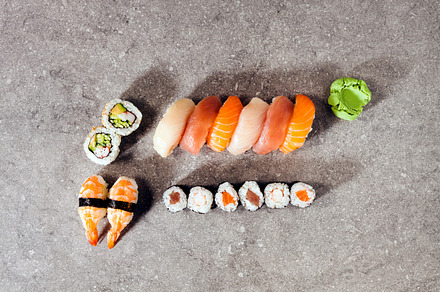 Japanese food on grey stone background featuring food, japanese, and sushi, a Food & Drink Photo by IriGri