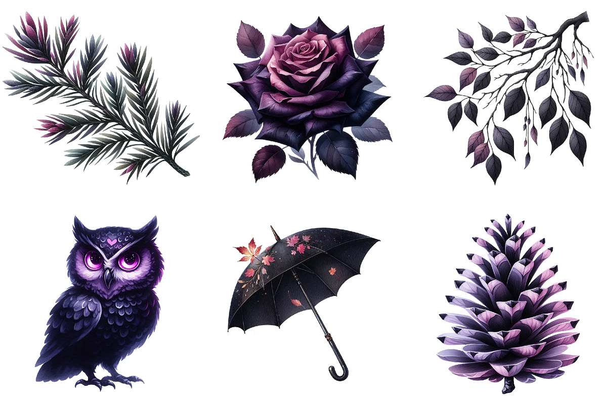 Black & Purple Autumn Clipart, an Illustration by Watercolor design (Photo 4 of 4)