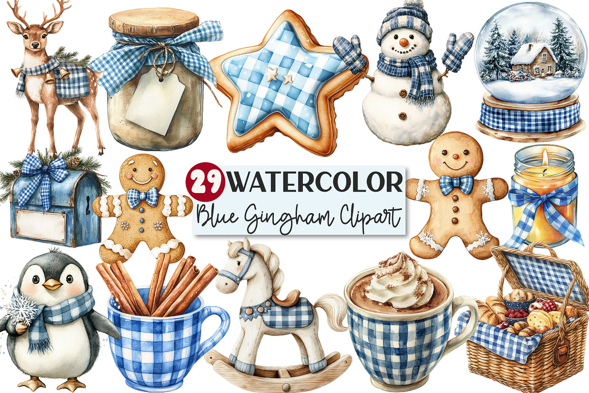 Christmas Blue Gingham Clipart, an Illustration by Rose Art (Photo 1 of 4)