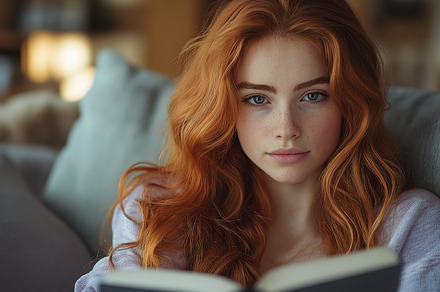 A young white woman with red hair reading a book, relaxed on a plush couch in a, a Person Photo by ImageMir