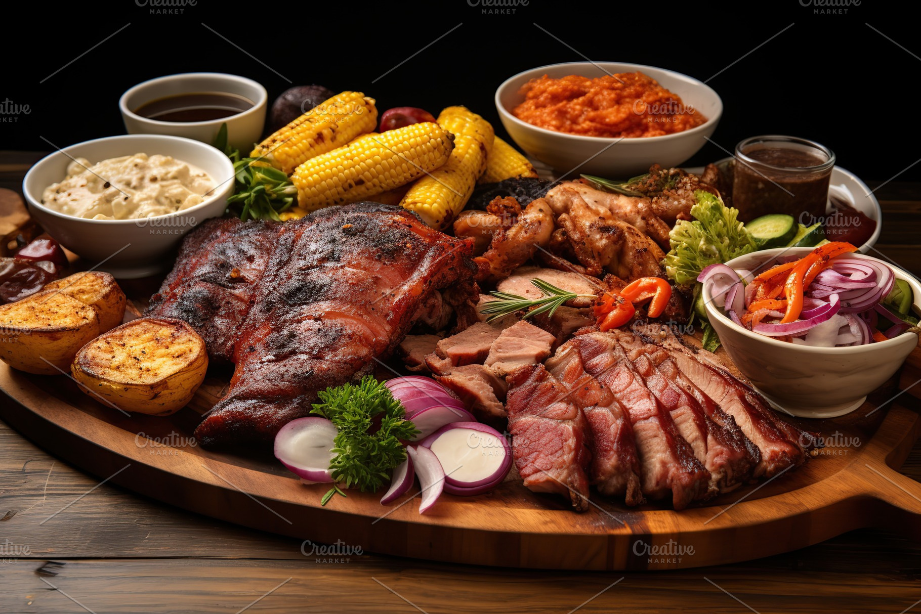 BBQ marinated meat with vegetables on wooden table, a Food & Drink Photo by AlyaAnd