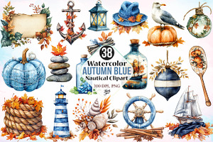 Watercolor Autumn Blue Nautical PNG, a Seasonal Illustration by Canvas Craft