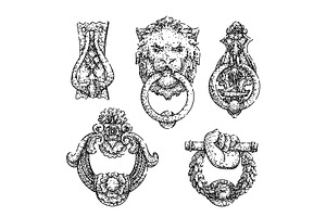 iron door knocker set sketch hand, an Illustration by pikepicture