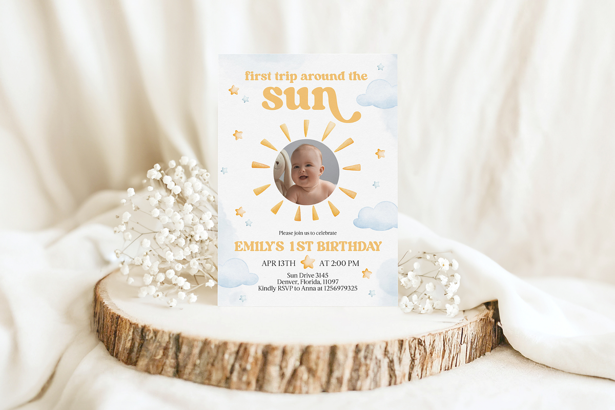 Sunshine First Birthday Photo Invite, a Templates & Theme by VeliusCreativeStudio (Photo 3 of 3)