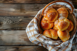 Freshly different baked buns in basket on wooden table, a Food & Drink Photo by AlyaAnd