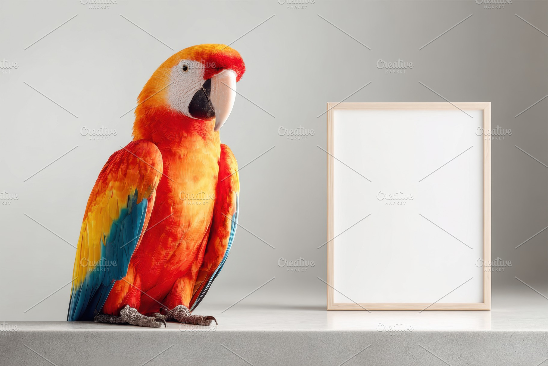 Vibrant parrot on concrete surface with blank frame, an Animal Photo by AlyaAnd