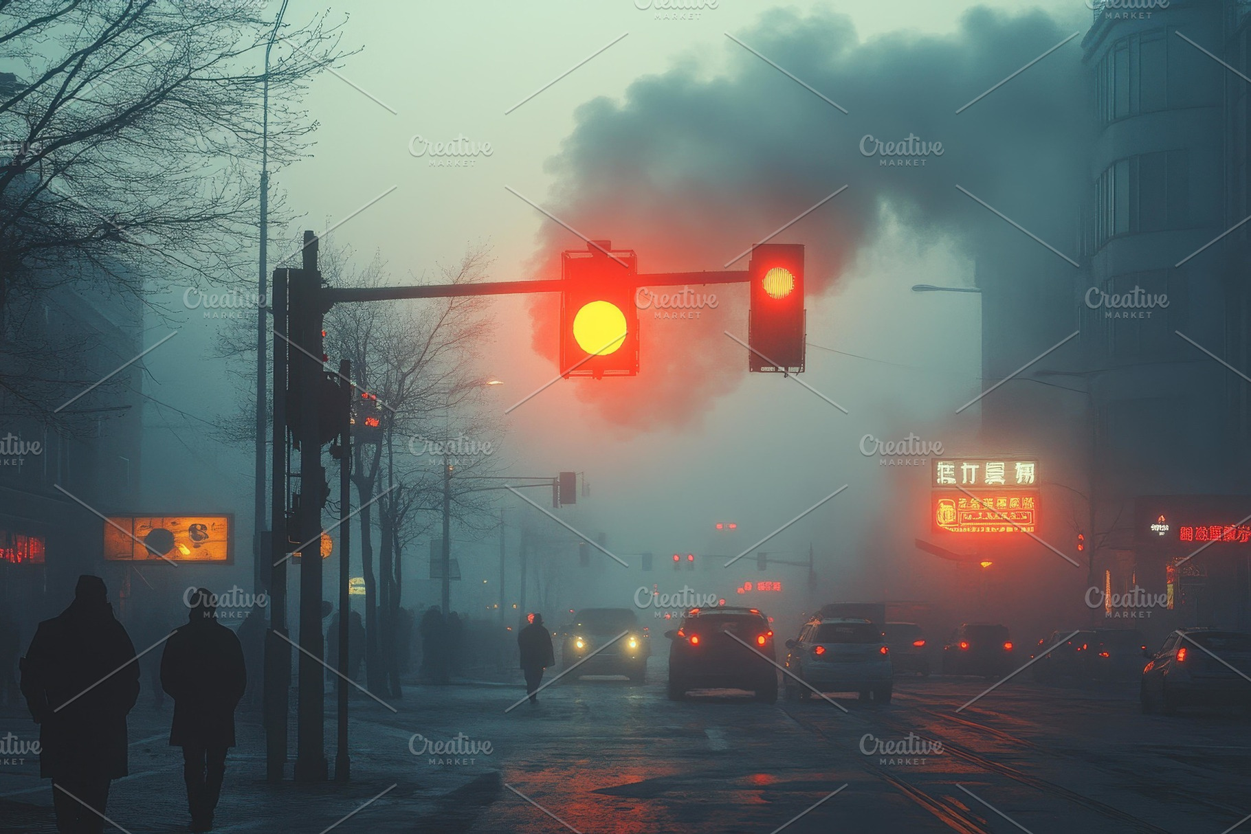 Foggy urban street with traffic ligh, a Photo by Tanuart