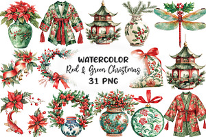 Chinoiserie Red & Green Christmas, an Illustration by CraftArtStudio