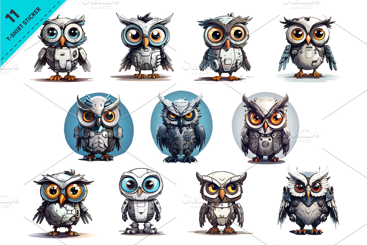 Cartoon owl robots. T-Shirt, Sticker, an Animal Illustration by KENO Mascots (Photo 2 of 4)