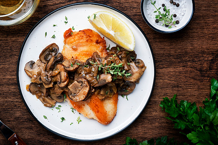 Fried chicken breast fillet with champignon mushrooms and onion, a Food & Drink Photo by 5PH