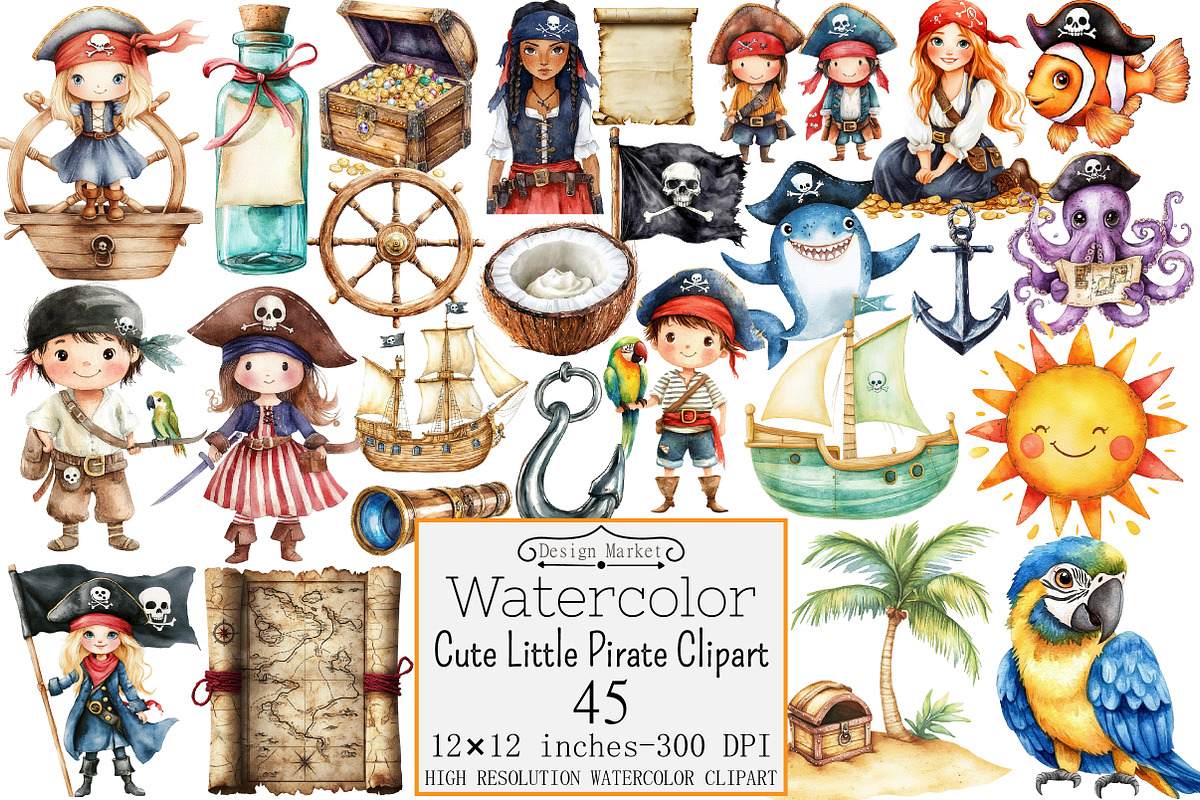 Watercolor Cute Little Pirate Clipar, a Seasonal Illustration by Design Market (Photo 1 of 5)