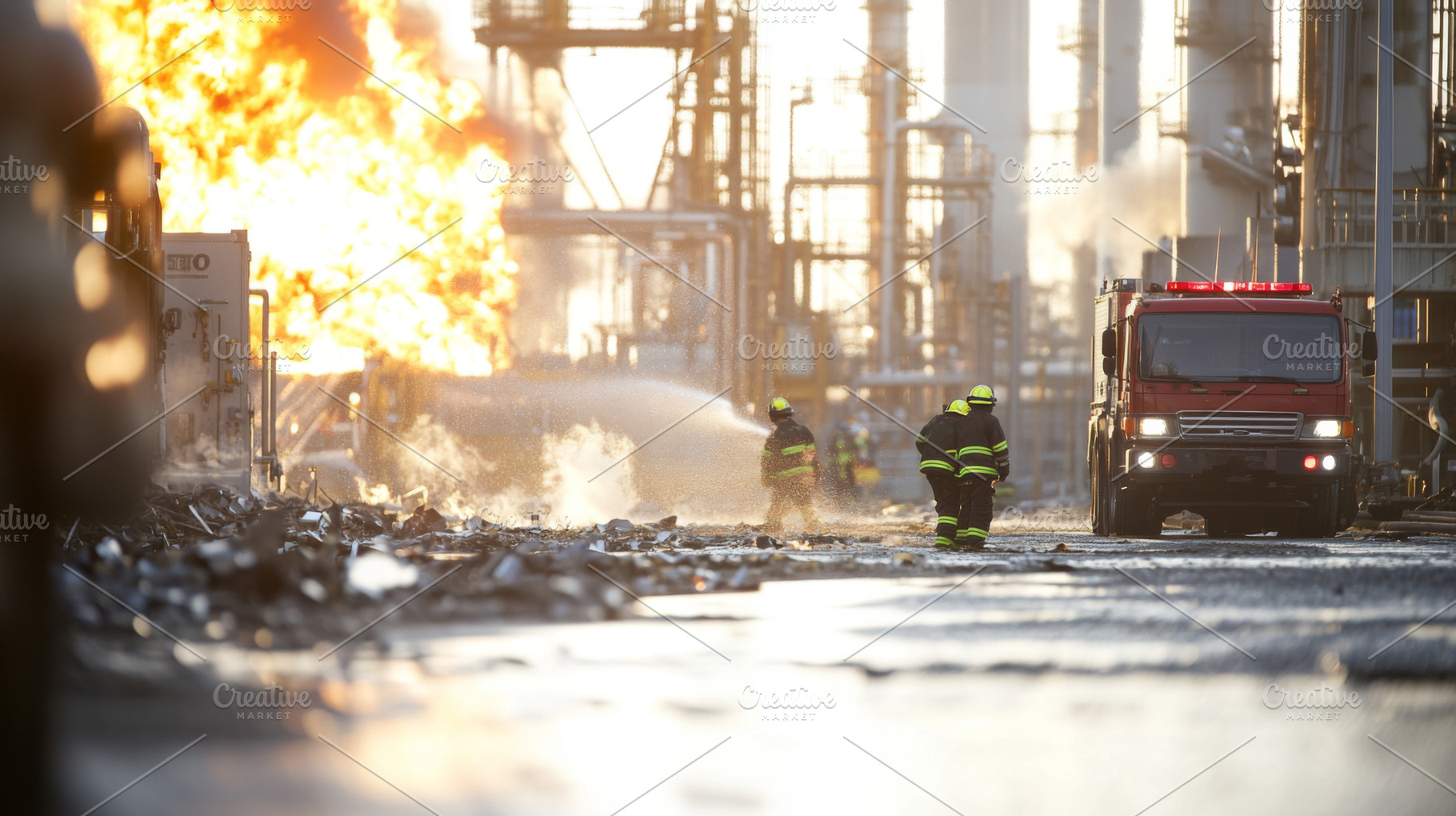 Industrial explosion sending debris, a Photo by Dvoevnore photos