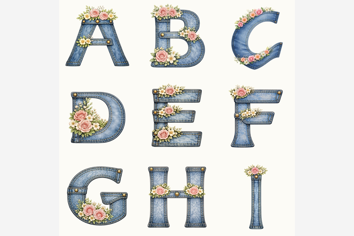 Denim Floral Alphabet PNG Bundle, a Duotone Icon by Tanya Kart (Photo 4 of 4)