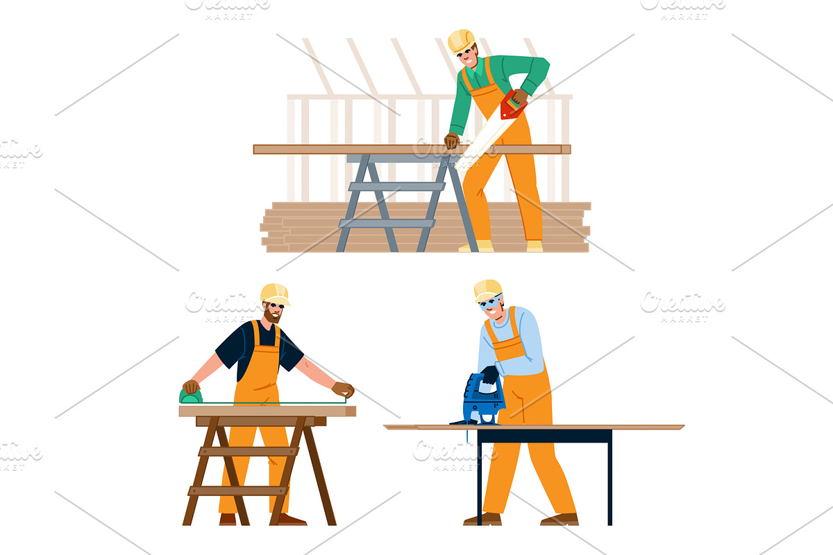 Carpenter men performing woodworking, an Illustration by pikepicture