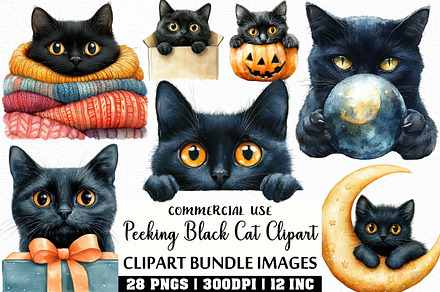 Watercolor Peeking Black Cat Clipart