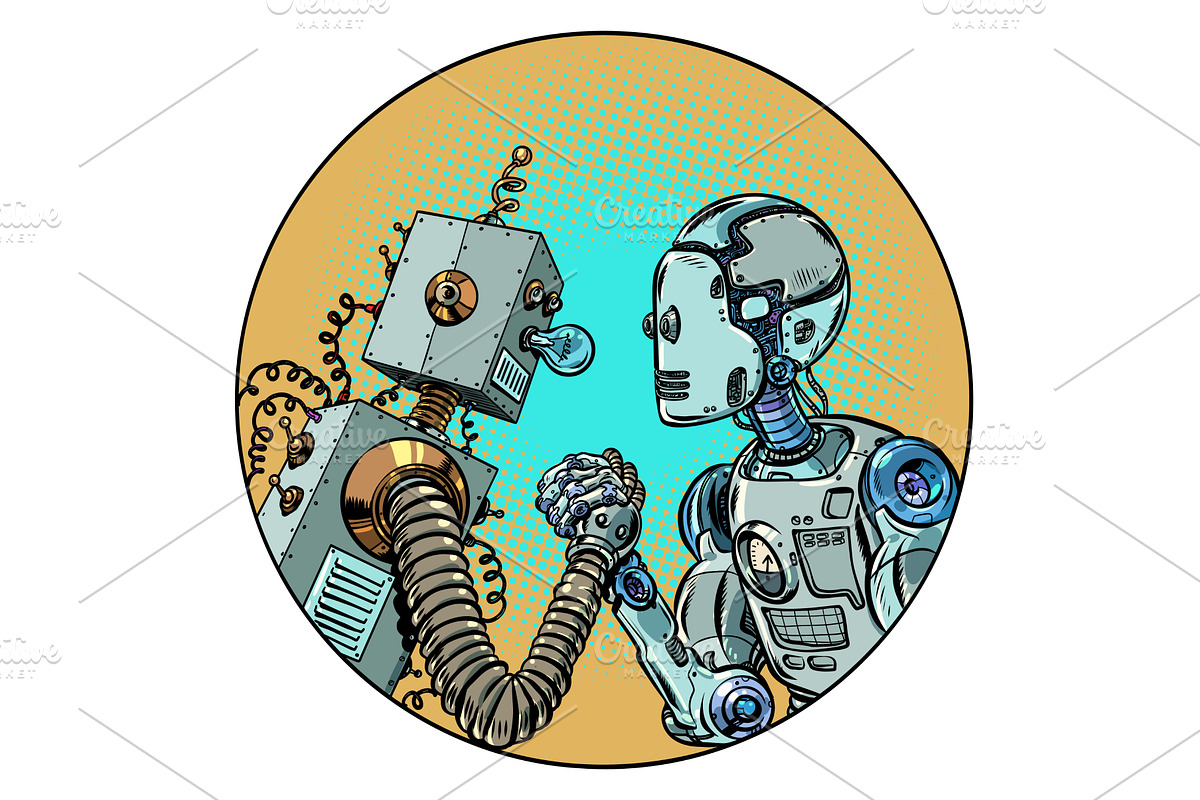 Pop Art Retro Robots fighting each, an Illustration by studiostoks