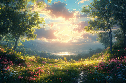 Sunrise over a vibrant meadow beside a serene lake with flowers, a Nature Photo by AlyaAnd