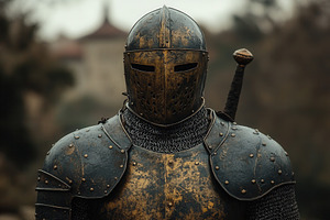 Knight in weathered armor stands con, a Photo by Tanuart