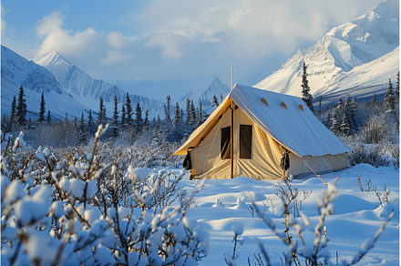 Canvas tent camping in snowy, a Nature Photo by Ylivdesign