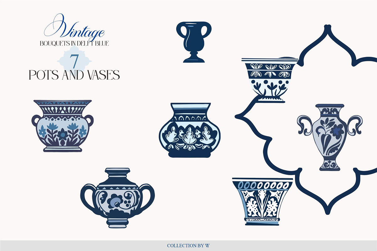 Vintage Bouquets In Delft Blue, a Decorative Illustration by Collection by VY (Photo 7 of 12)