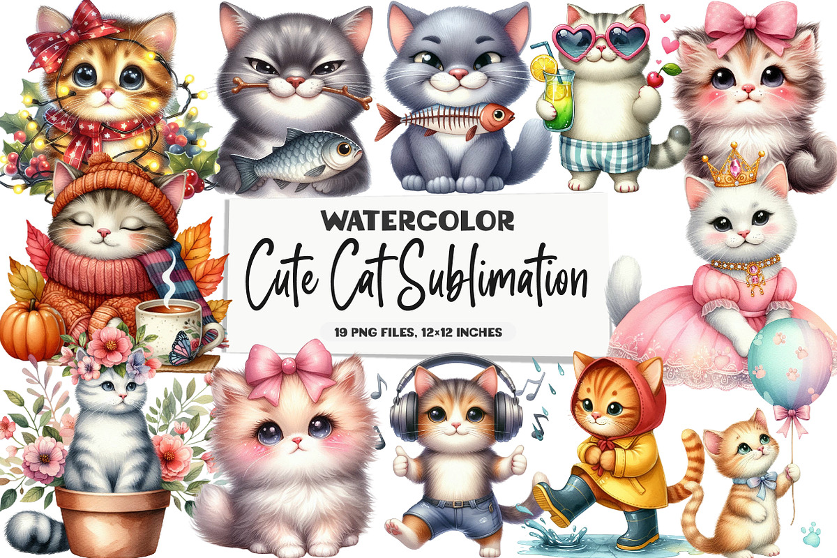 Cute Cat Sublimation Clipart, an Illustration by DreamArtGraphic (Photo 1 of 5)