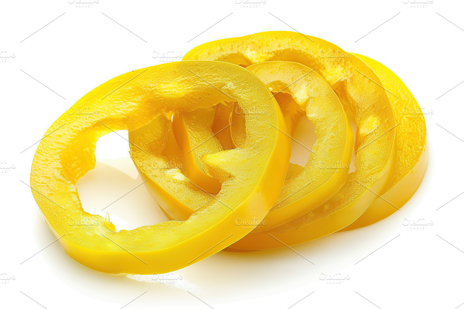 Ripe yellow pepper slices isolated on white background, a Photo by AlyaAnd
