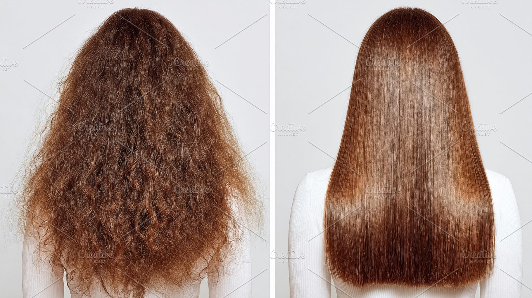 Woman's back head, displaying dry, frizzy hair on the left and s, a Photo by Studio ANNA