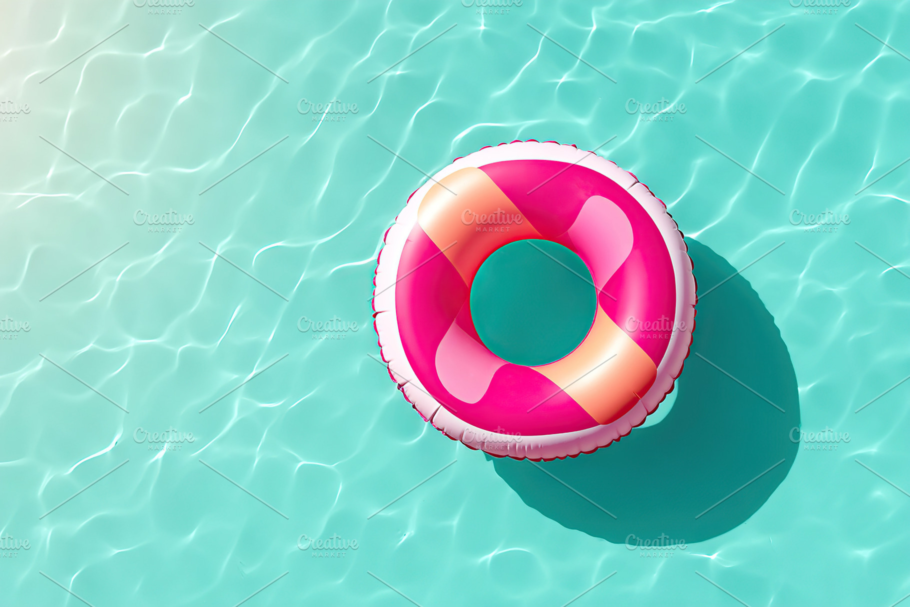 Bright inflatable ring floating in clear swimming pool water on sunny day, a Photo by AlyaAnd