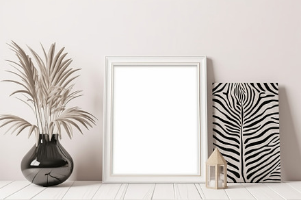 Blank print frame mockup with plants and decor on light backgrou, a Photo by Dvoevnore photos