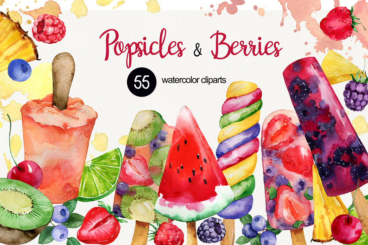 Watercolor popsicle&berries clipart, a Food Illustration by TanyaOak (Photo 1 of 3)