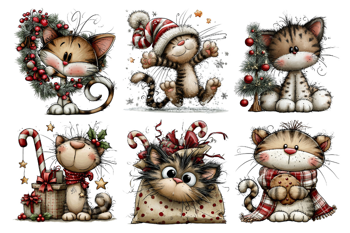 Christmas Whimsical Cat Clipart, a Seasonal Illustration by Creative Art (Photo 6 of 7)