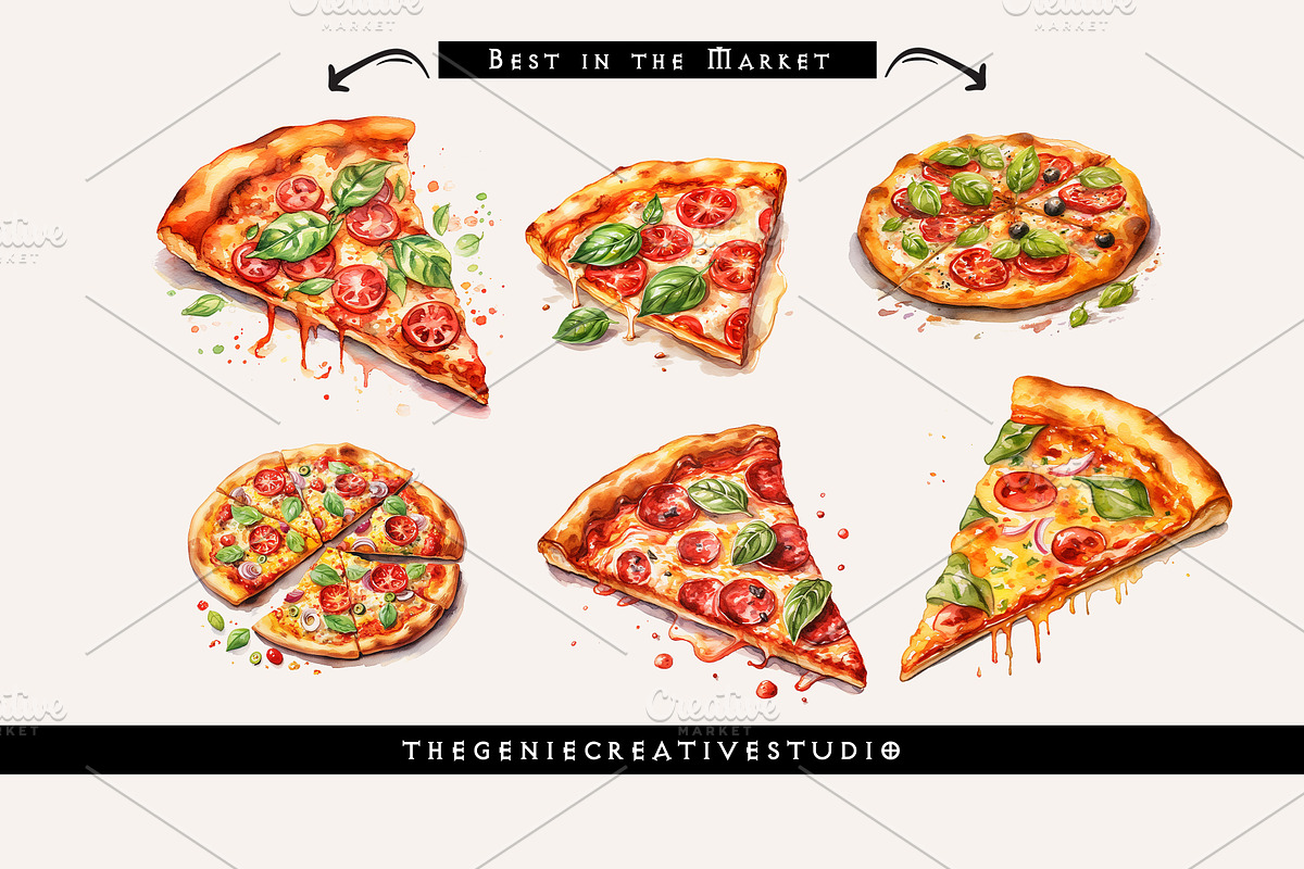 Watercolor PNG Pizza Clipart, a Food Illustration by Geniecreativestudio (Photo 5 of 9)