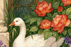 White goose resting in a vibrant garden, hand painting with trad, an Illustration by Studio ANNA