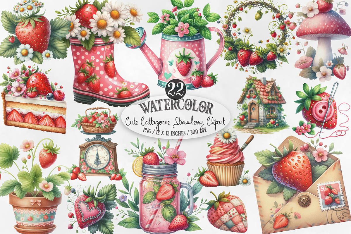 Cute Cottagecore Strawberry Clipart, an Illustration by Designking (Photo 1 of 4)