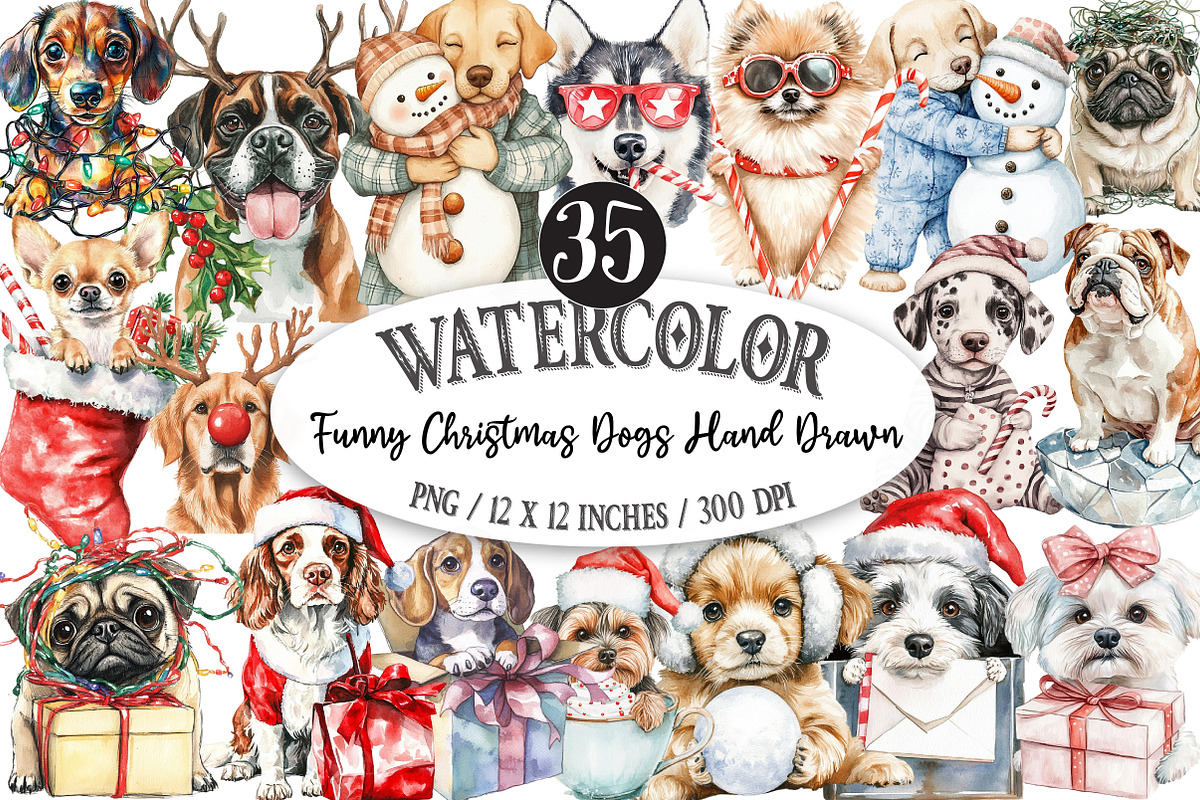 Funny Christmas Dogs Hand Drawn, an Illustration by Designking (Photo 1 of 5)