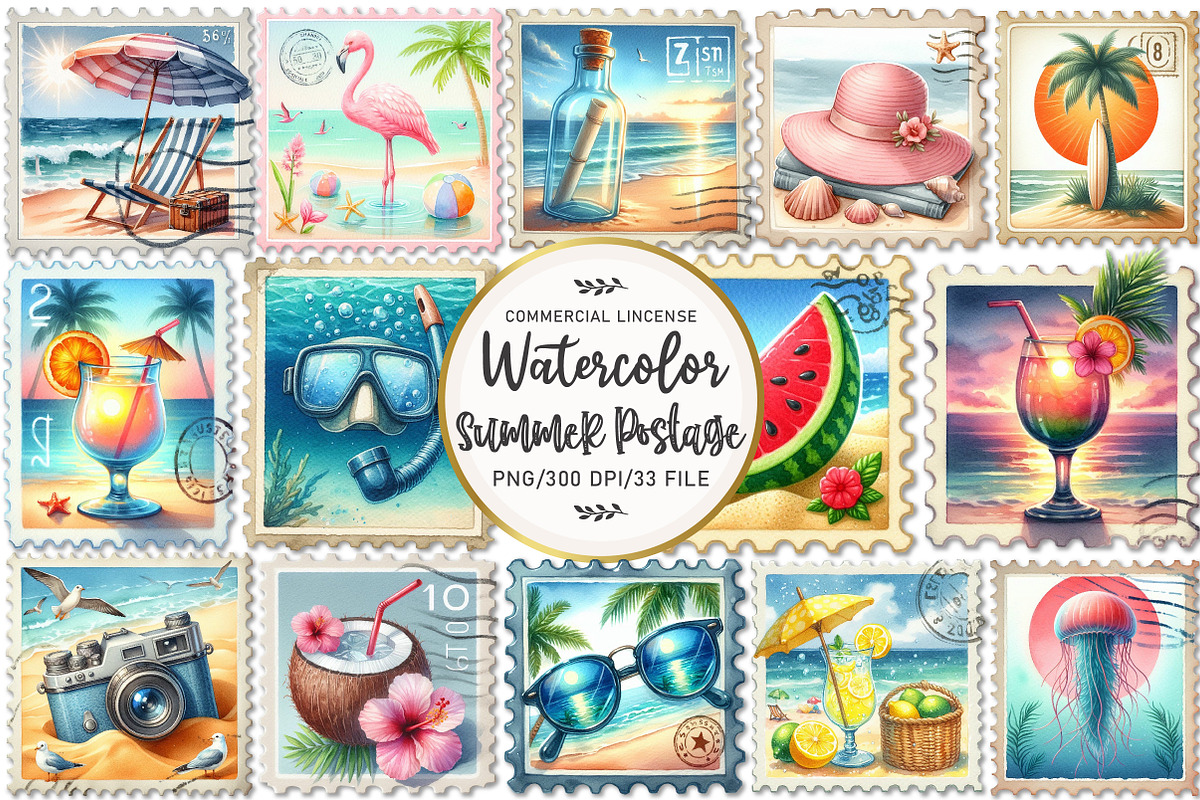 Summer Beach Postage Stamp Clipart, an Illustration by OK Design (Photo 1 of 5)