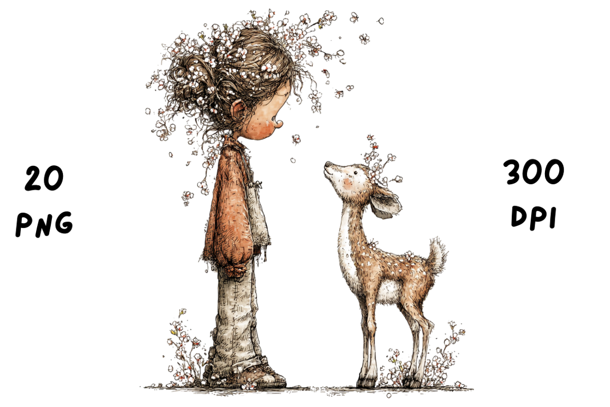 Whimsical Floral Girl & Deer Clipart, an Animal Illustration by GiraffeCreative (Photo 19 of 20)