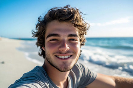 Young man smiling at the beach, a Person Photo by Beautiful things