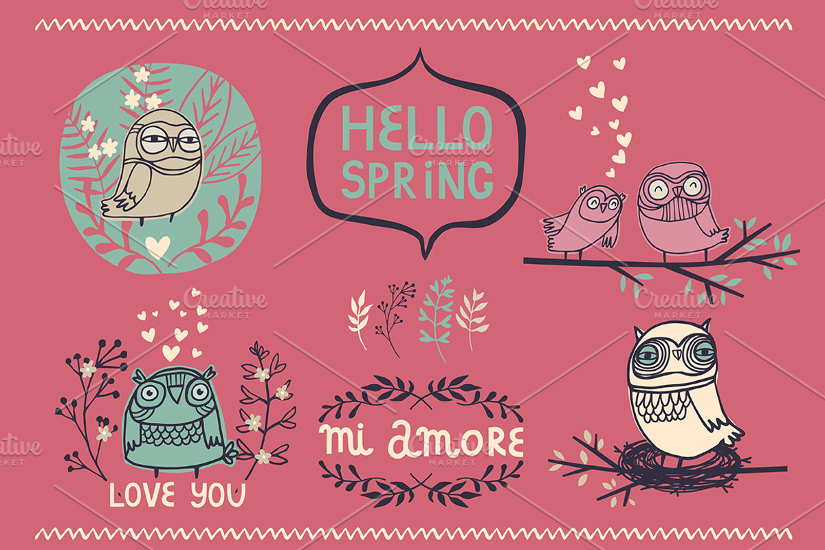 Hello spring set with owls, an Illustration by totokumi
