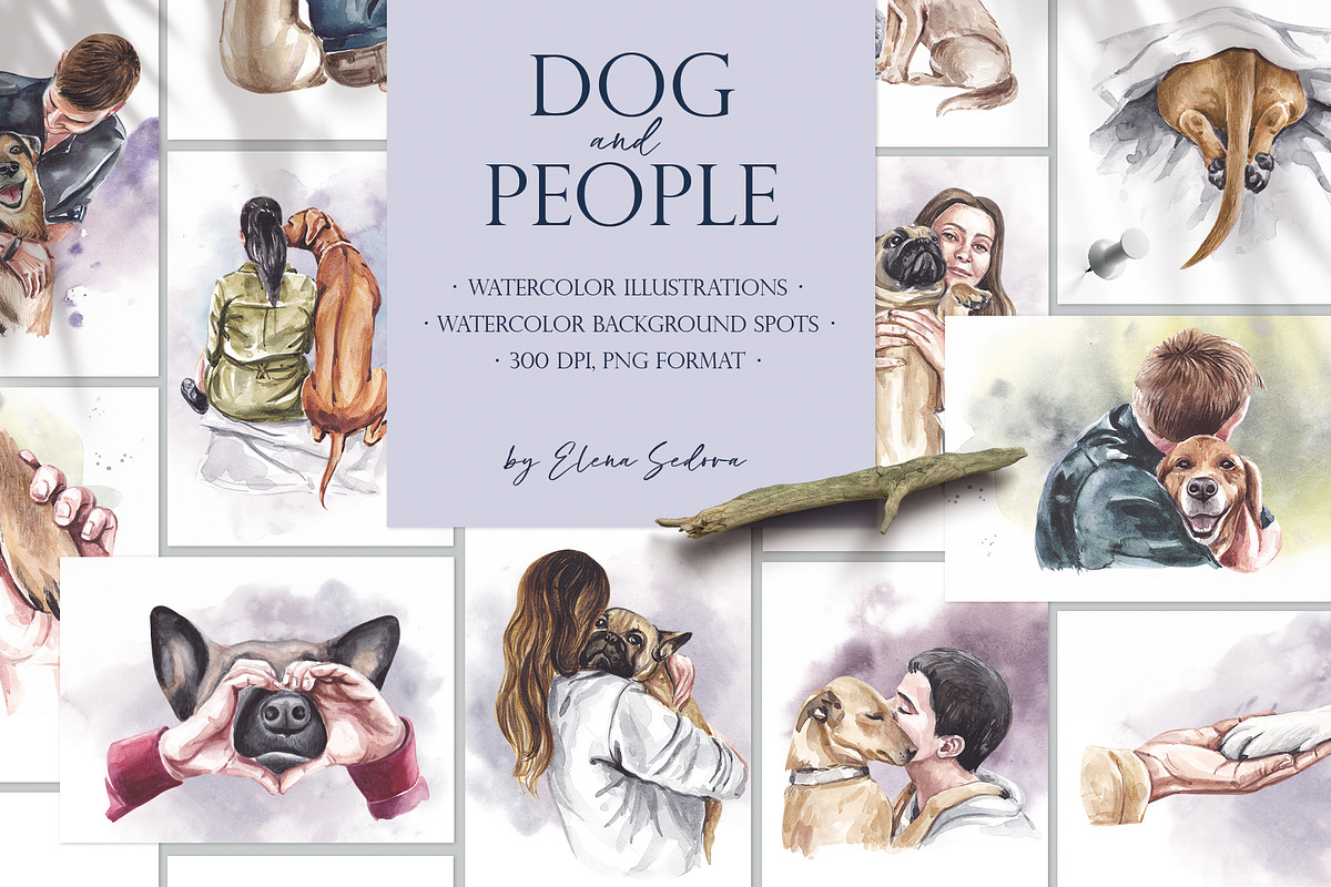 DOG & PEOPLE watercolor clipart, an Animal Illustration by Elena_Sedova (Photo 1 of 8)