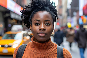 Woman with orange sweater posing on crowded New York street, a Person Photo by GoodGoods