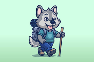 Adventurous Wolf Hiking Cartoon, an Animal Illustration by Gumrega Studio