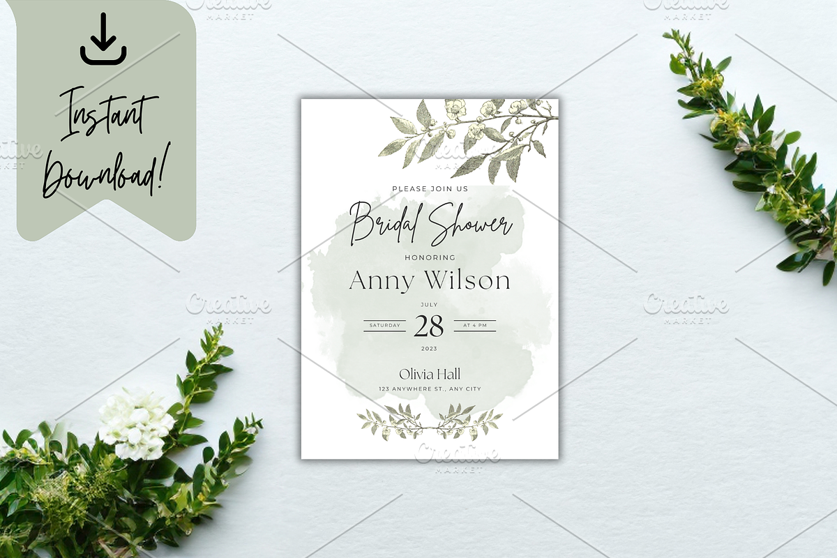 Bridal Shower Green Floral Invite, a Print Template by TheSimplySereneShop (Photo 2 of 4)