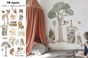 Watercolor Forest Boho Animal Set