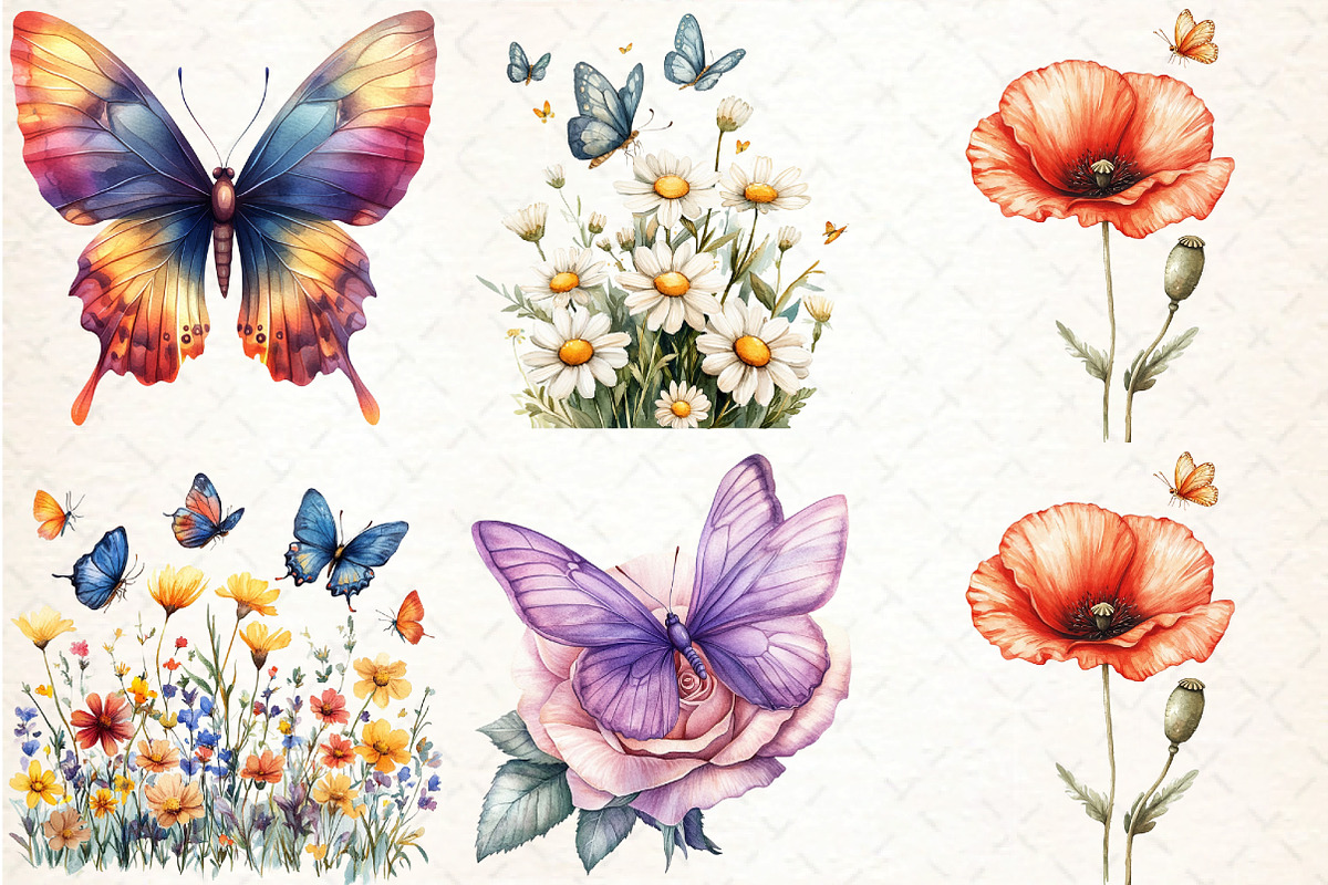 Colorful Flowers and Butterflies Cli, an Illustration by DreamCafeArt (Photo 3 of 7)